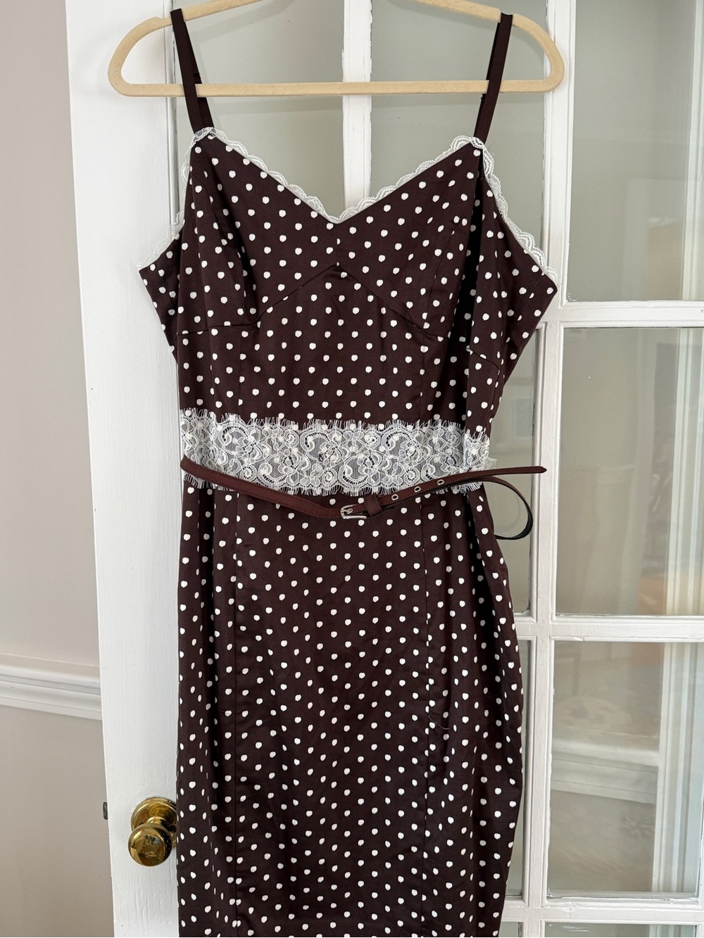Just Taylor Brown Polka Dot Lace Trim Sleeveless Dress with Belt